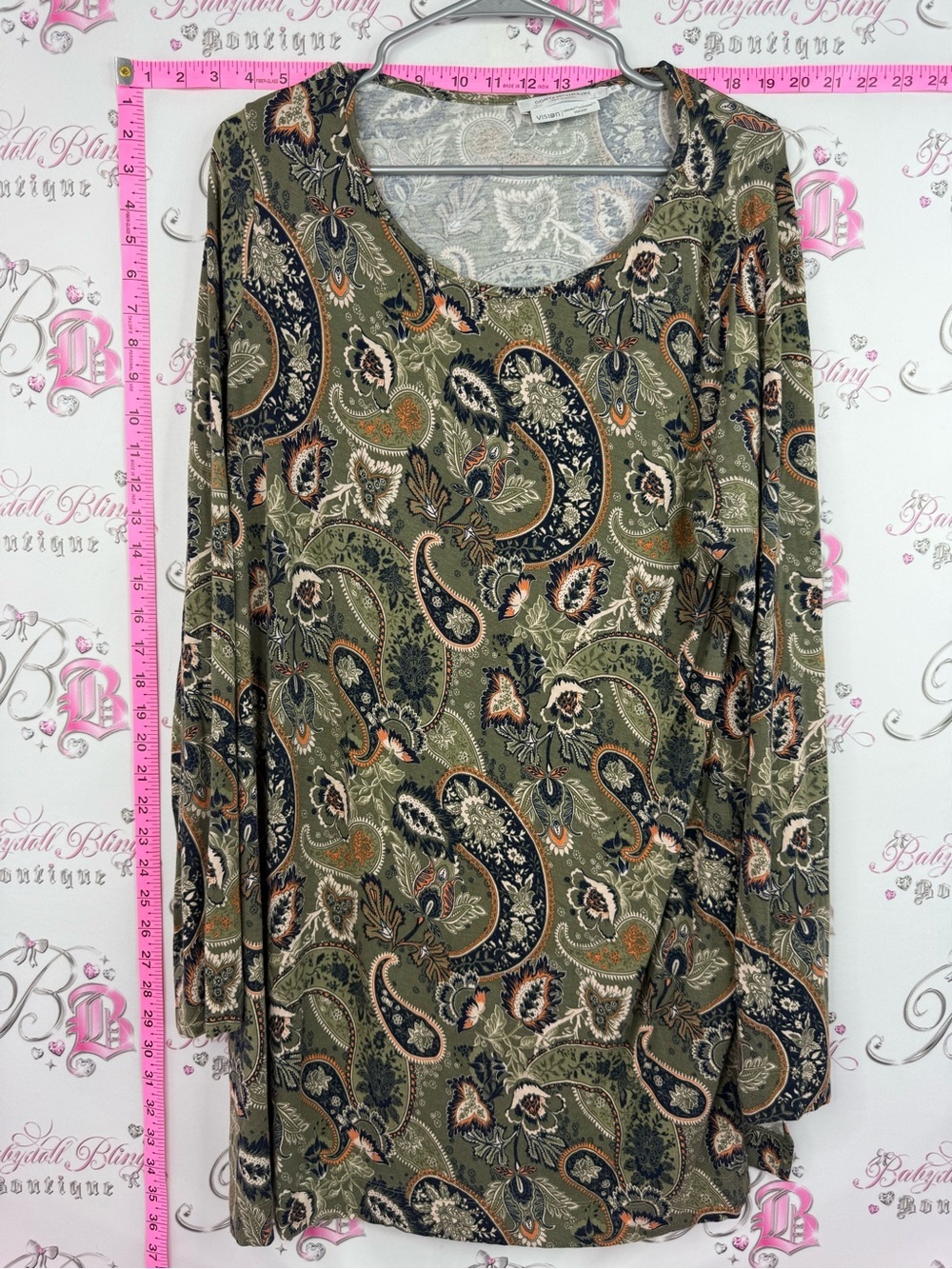 Simons dress or long shirt Olive Green Paisley Long Sleeve Top